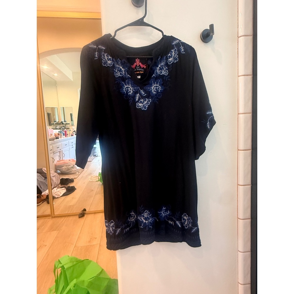 JW Los Angeles Tunic Women S Navy Blue Embroidered Boho Floral V-Neck 300